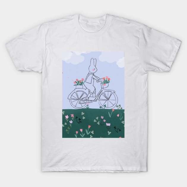 Bunny Cycling in a Flower Field T-Shirt by Cati Daehnhardt